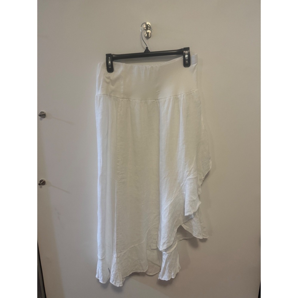 Made in Italy White Linen Asymmetrical Ruffle Tiered Midi Skirt XL